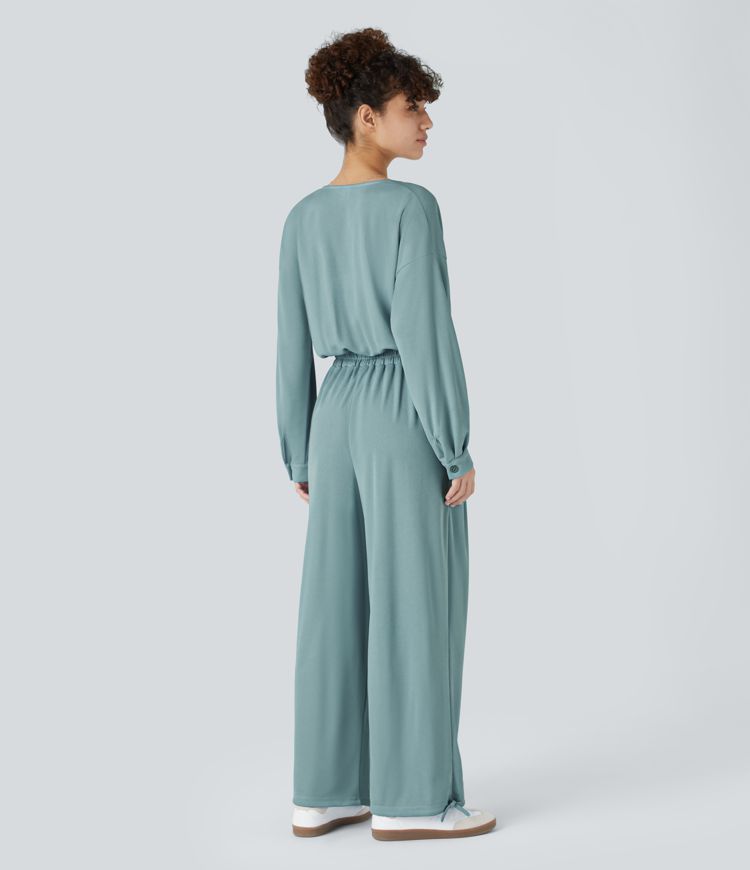 Women's V Neck Long Sleeve Pleated Pocket Adjustable