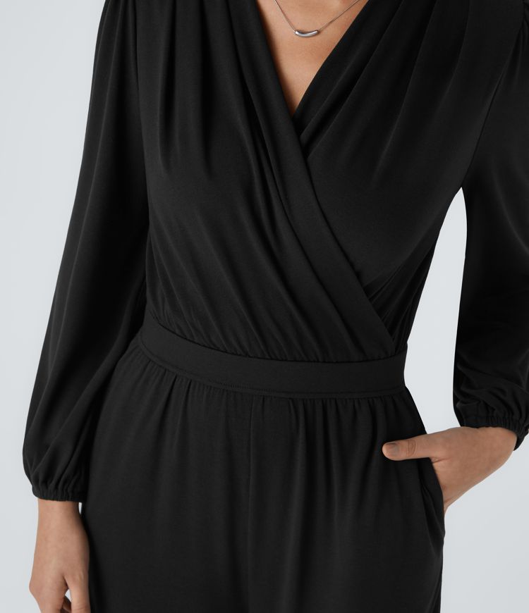 V Neck Crossover Long Sleeve Pocket Wide Leg Casual Jumpsuit