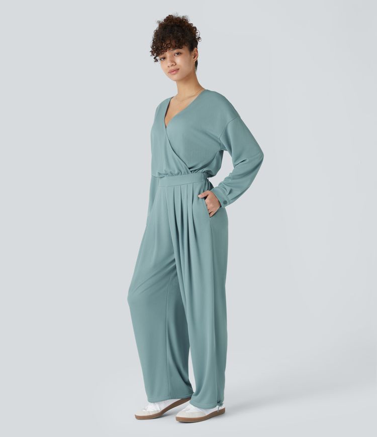 V Neck Long Sleeve Pleated Side Pocket Adjustable Drawstring Hem Waffle Casual Jumpsuit