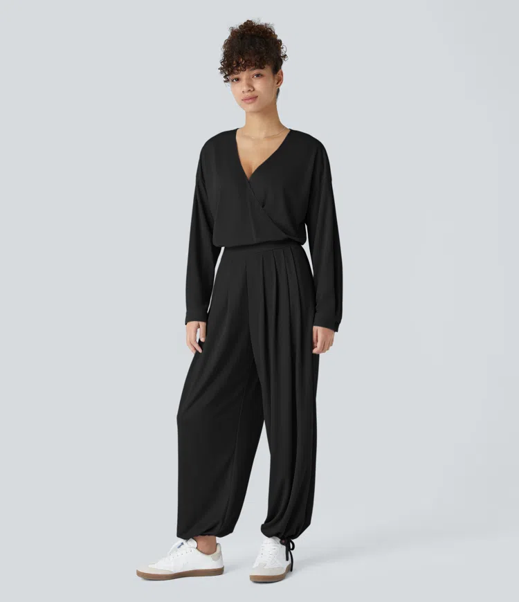 V Neck Long Sleeve Pleated Pocket Adjustable Drawstring Hem Waffle Casual Jumpsuit
