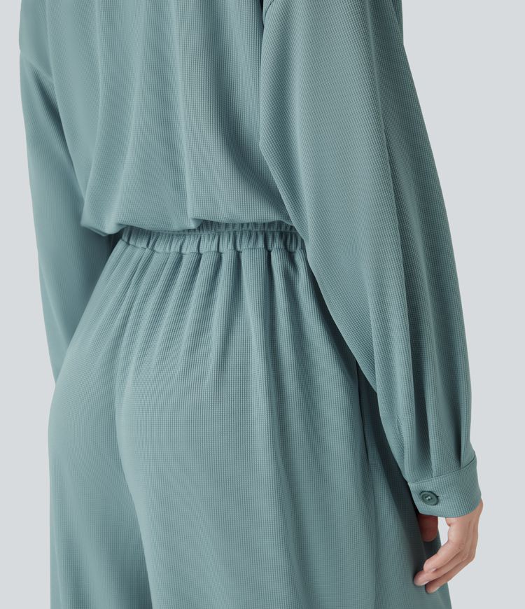 V Neck Long Sleeve Pleated Side Pocket Adjustable Drawstring Hem Waffle Casual Jumpsuit