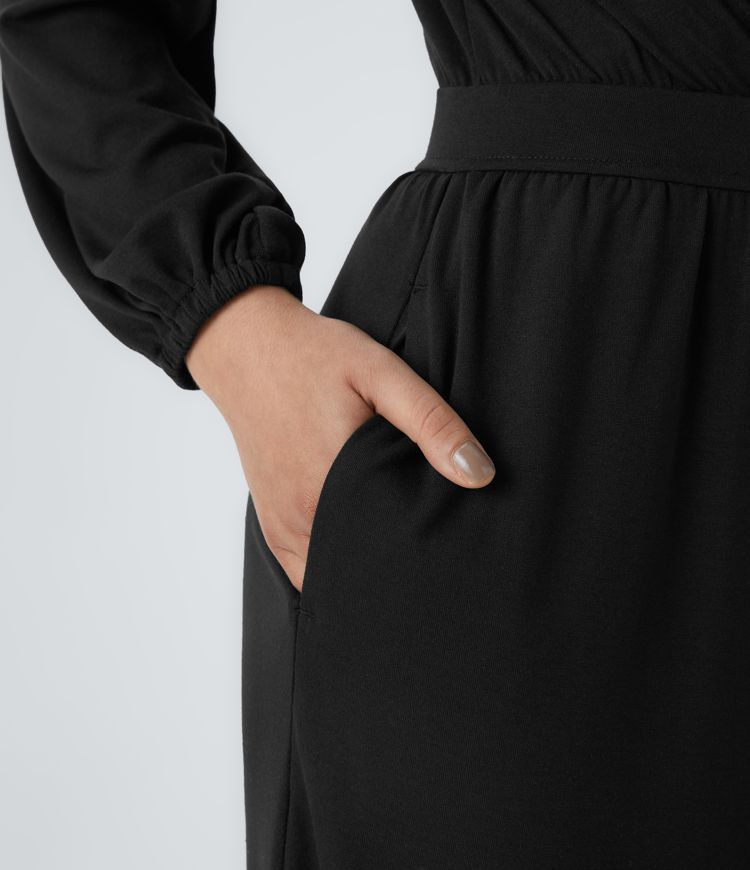 V Neck Crossover Long Sleeve Pocket Wide Leg Casual Jumpsuit