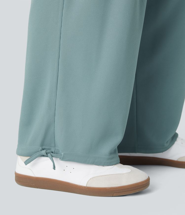 V Neck Long Sleeve Pleated Side Pocket Adjustable Drawstring Hem Waffle Casual Jumpsuit