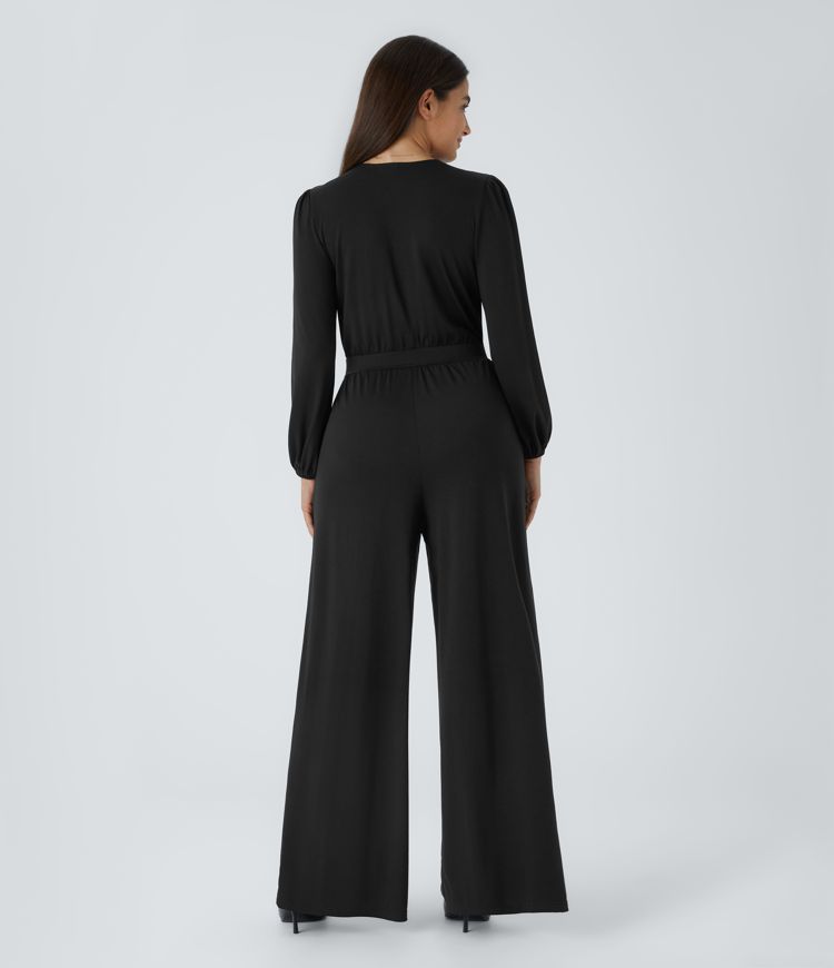 V Neck Crossover Long Sleeve Pocket Wide Leg Casual Jumpsuit