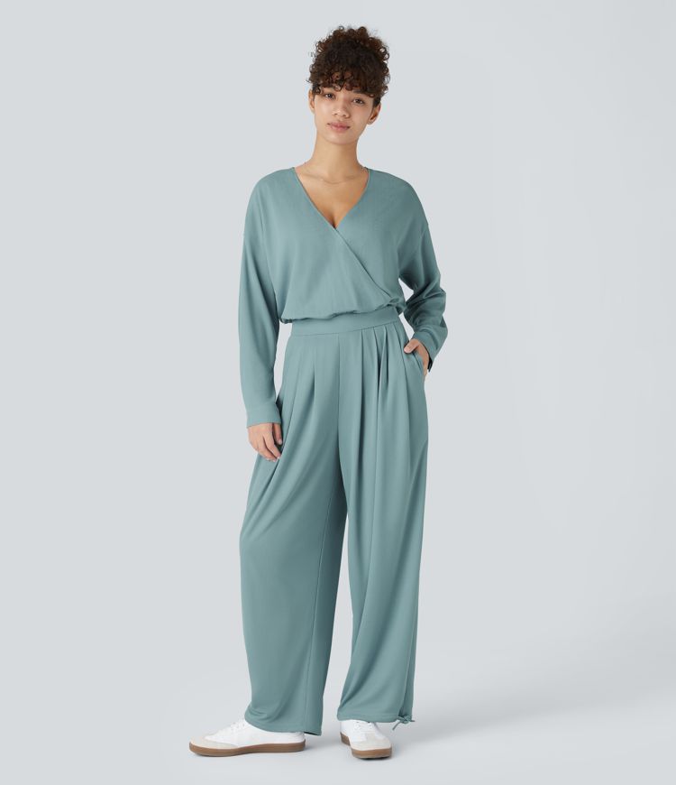 V Neck Long Sleeve Pleated Side Pocket Adjustable Drawstring Hem Waffle Casual Jumpsuit