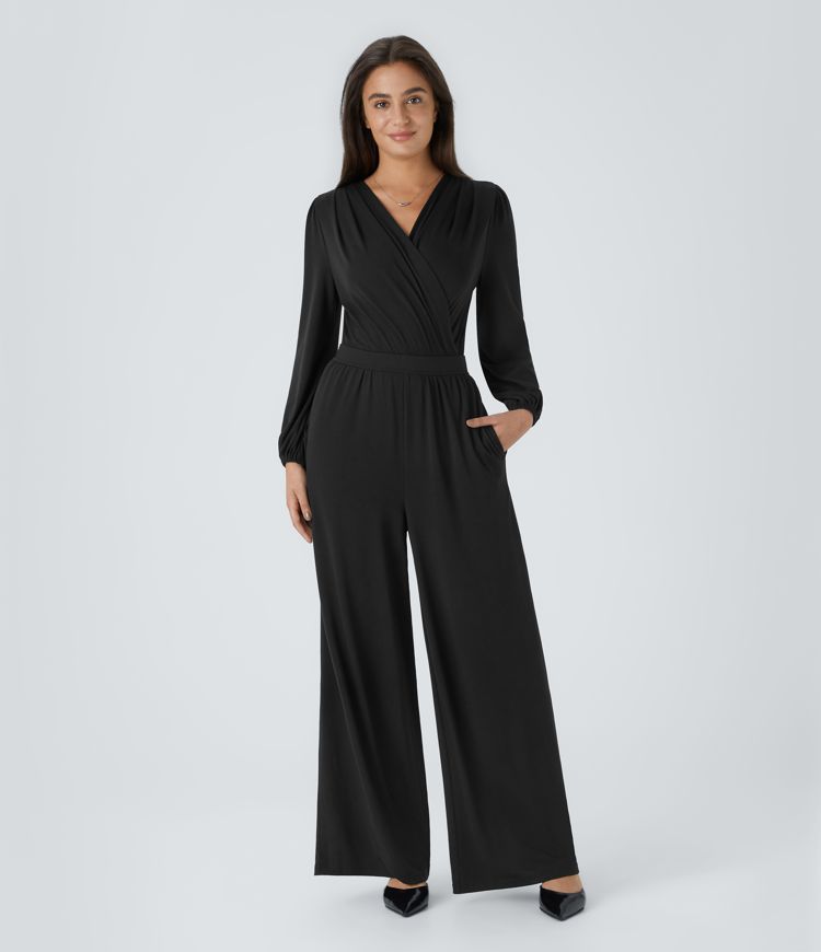 V Neck Crossover Long Sleeve Pocket Wide Leg Casual Jumpsuit