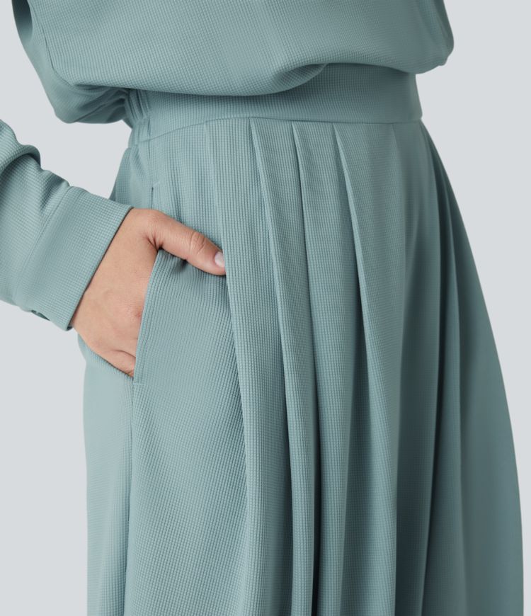 V Neck Long Sleeve Pleated Side Pocket Adjustable Drawstring Hem Waffle Casual Jumpsuit