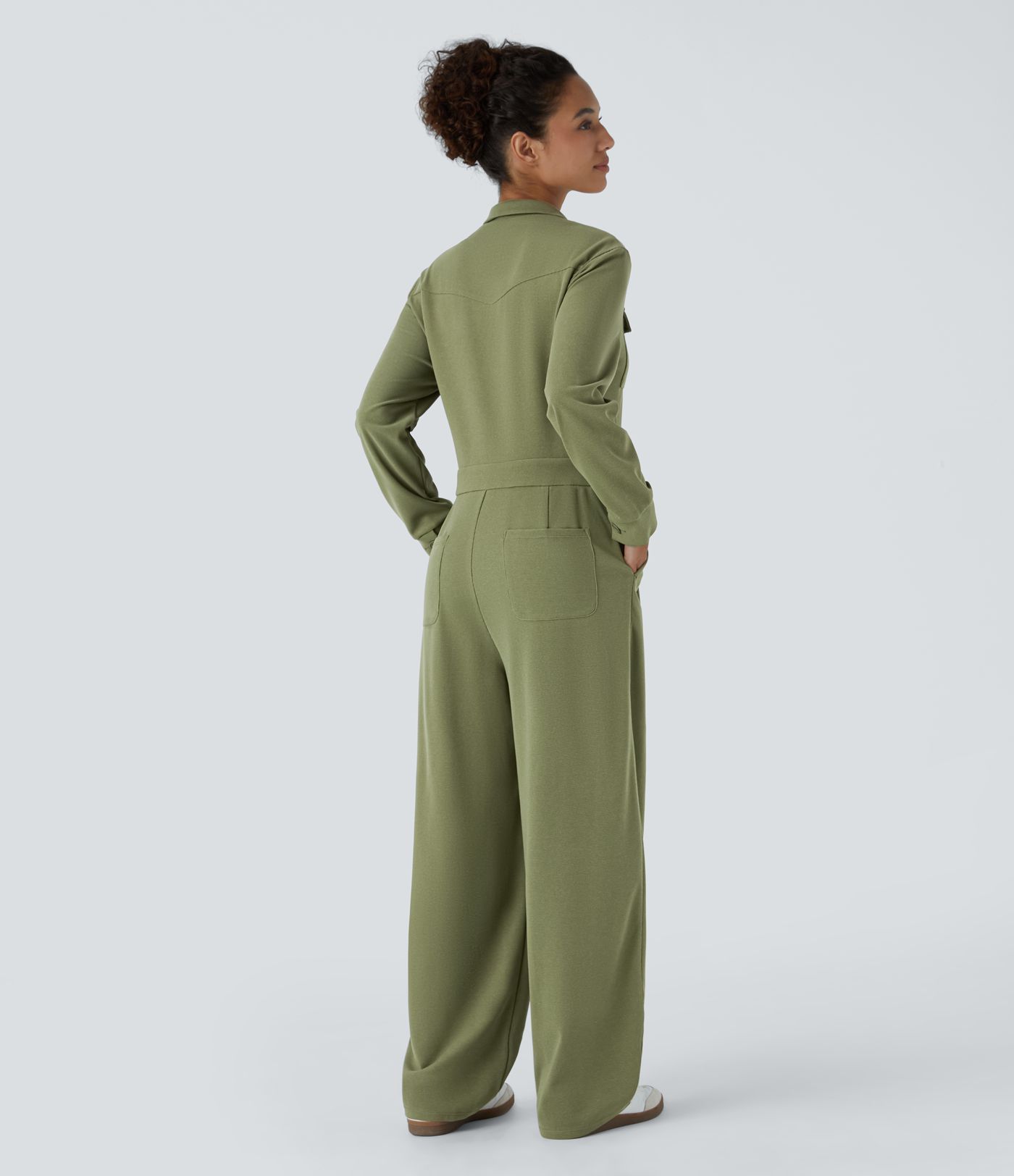 Lapel Neck Long Sleeve Button Multiple Pockets Waffle Casual Cargo Jumpsuit