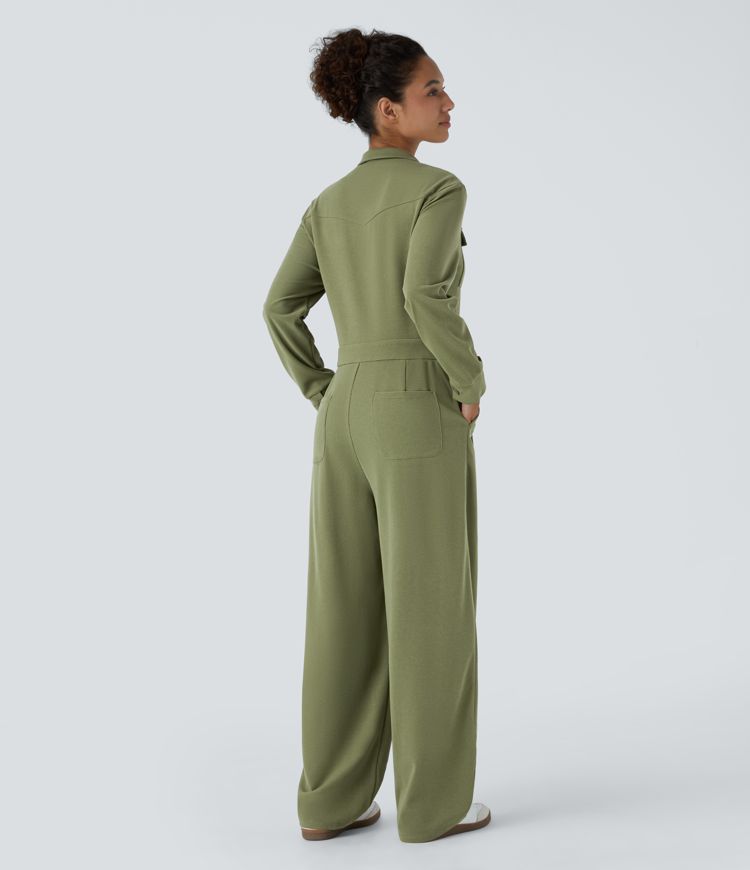 Lapel Neck Long Sleeve Button Multiple Pockets Waffle Casual Cargo Jumpsuit