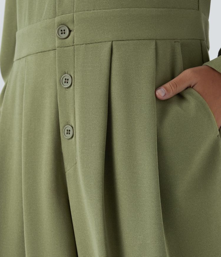 Lapel Neck Long Sleeve Button Multiple Pockets Waffle Casual Cargo Jumpsuit