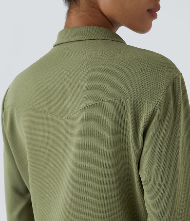 Lapel Neck Long Sleeve Button Multiple Pockets Waffle Casual Cargo Jumpsuit