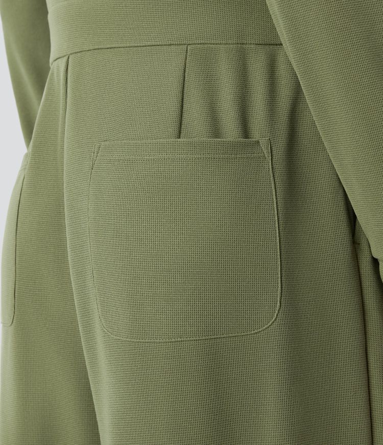 Lapel Neck Long Sleeve Button Multiple Pockets Waffle Casual Cargo Jumpsuit