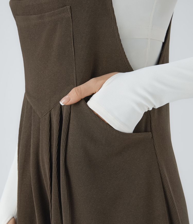 Ribbed Adjustable Strap Multiple Pockets Casual Dungarees