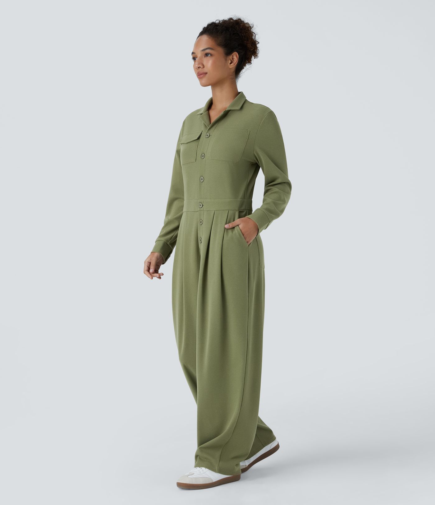 Lapel Neck Long Sleeve Button Multiple Pockets Waffle Casual Cargo Jumpsuit