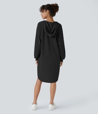 Vestido sudadera con capucha y cordón, manga larga, bolsillo, bajo curvo alto y bajo, talla grande, mini waffle casual