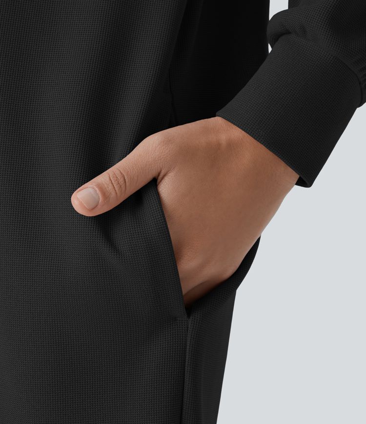 Vestido sudadera con capucha y cordón, manga larga, bolsillo, bajo curvo alto y bajo, talla grande, mini waffle casual