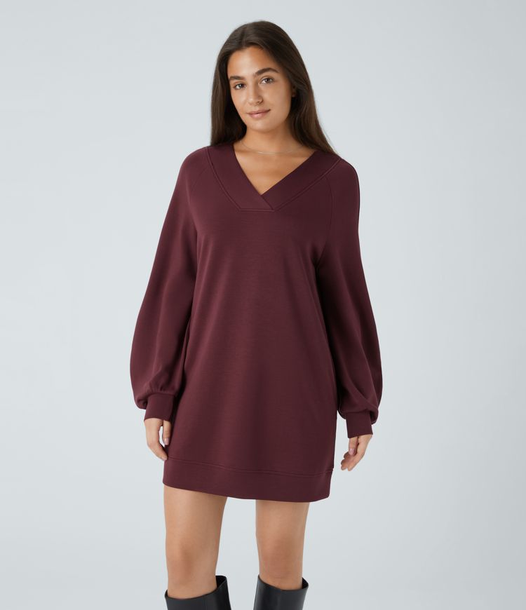 SpacerTek™ Velvet V Neck Raglan Bishop Long Sleeve Relaxed Mini Casual Sweatshirt Dress