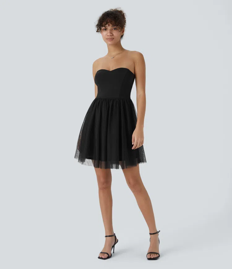 Tube Tiered Contrast Mesh Mini Dress