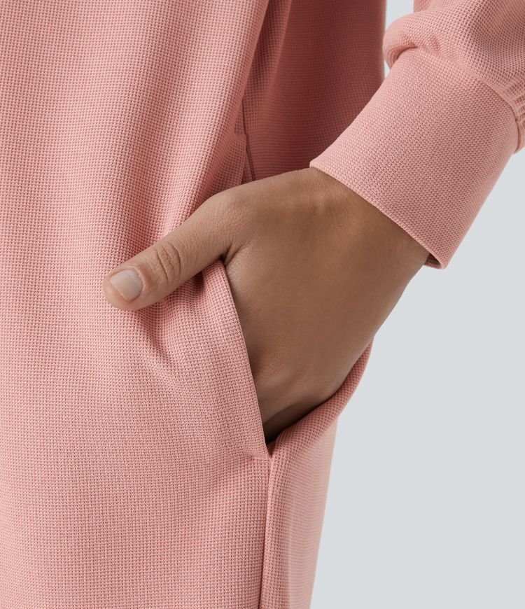 Drawstring Hooded Long Sleeve Pocket High Low Curved Hem Oversize Mini Waffle Casual Sweatshirt Dress