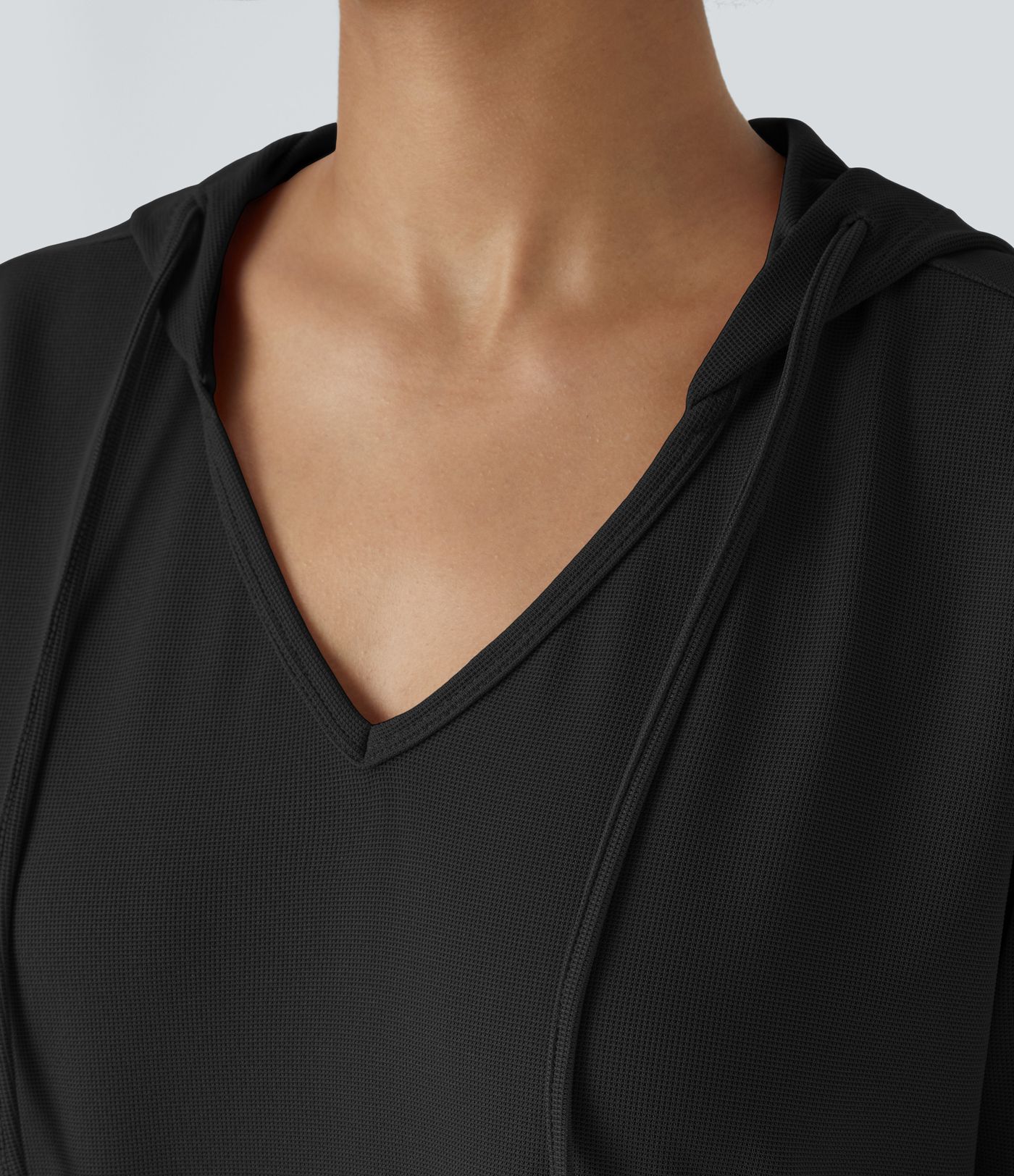 Vestido sudadera con capucha y cordón, manga larga, bolsillo, bajo curvo alto y bajo, talla grande, mini waffle casual