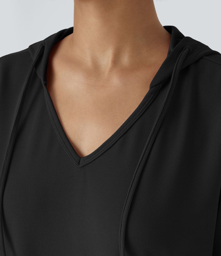 Vestido sudadera con capucha y cordón, manga larga, bolsillo, bajo curvo alto y bajo, talla grande, mini waffle casual