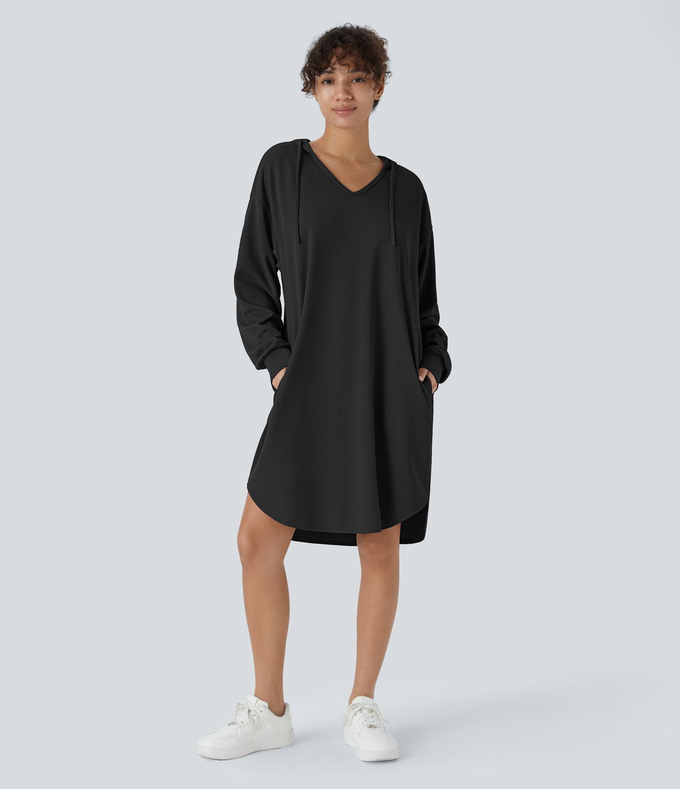 Vestido sudadera con capucha y cordón, manga larga, bolsillo, bajo curvo alto y bajo, talla grande, mini waffle casual