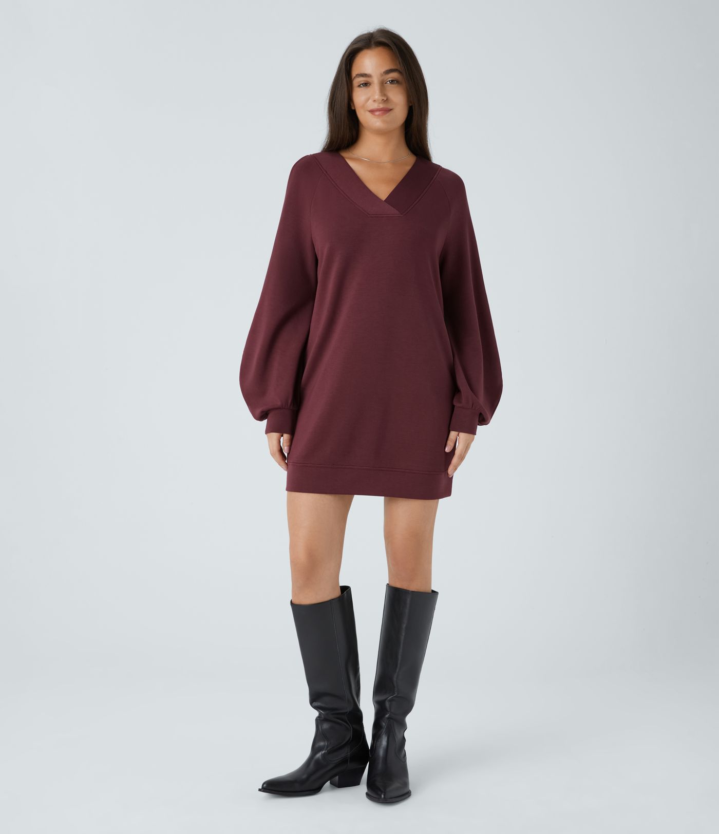 SpacerTek™ Velvet V Neck Raglan Bishop Long Sleeve Relaxed Mini Casual Sweatshirt Dress
