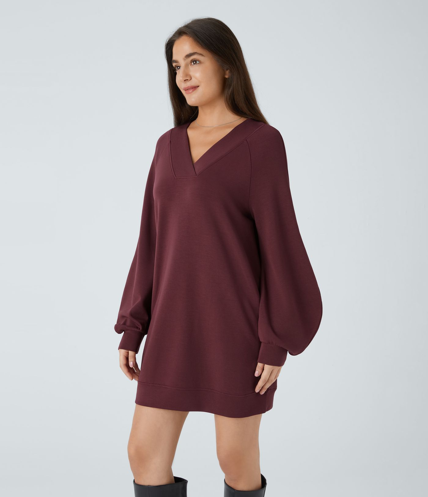 SpacerTek™ Velvet V Neck Raglan Bishop Long Sleeve Relaxed Mini Casual Sweatshirt Dress