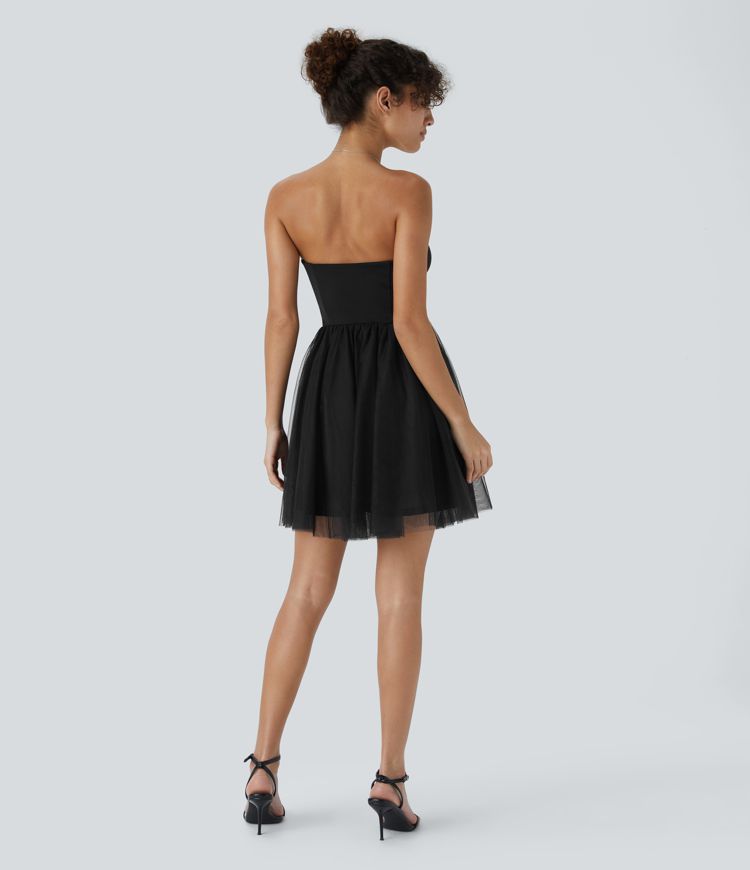 Tube Backless Tiered Contrast Mesh Mini Party Dress