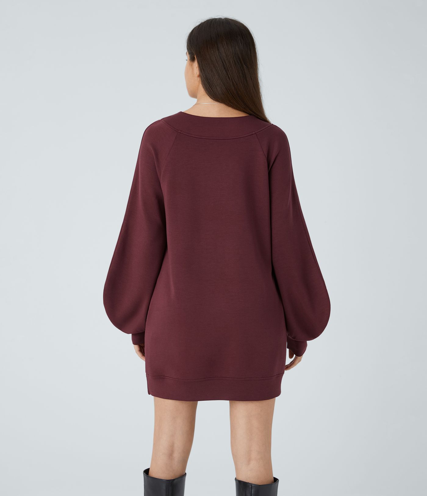 SpacerTek™ Velvet V Neck Raglan Bishop Long Sleeve Relaxed Mini Casual Sweatshirt Dress