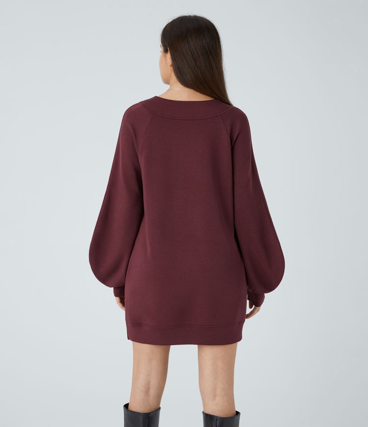 SpacerTek™ Velvet V Neck Raglan Bishop Long Sleeve Relaxed Mini Casual Sweatshirt Dress