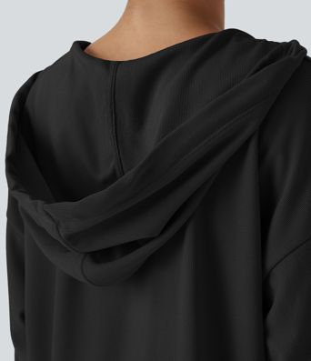 Vestido sudadera con capucha y cordón, manga larga, bolsillo, bajo curvo alto y bajo, talla grande, mini waffle casual