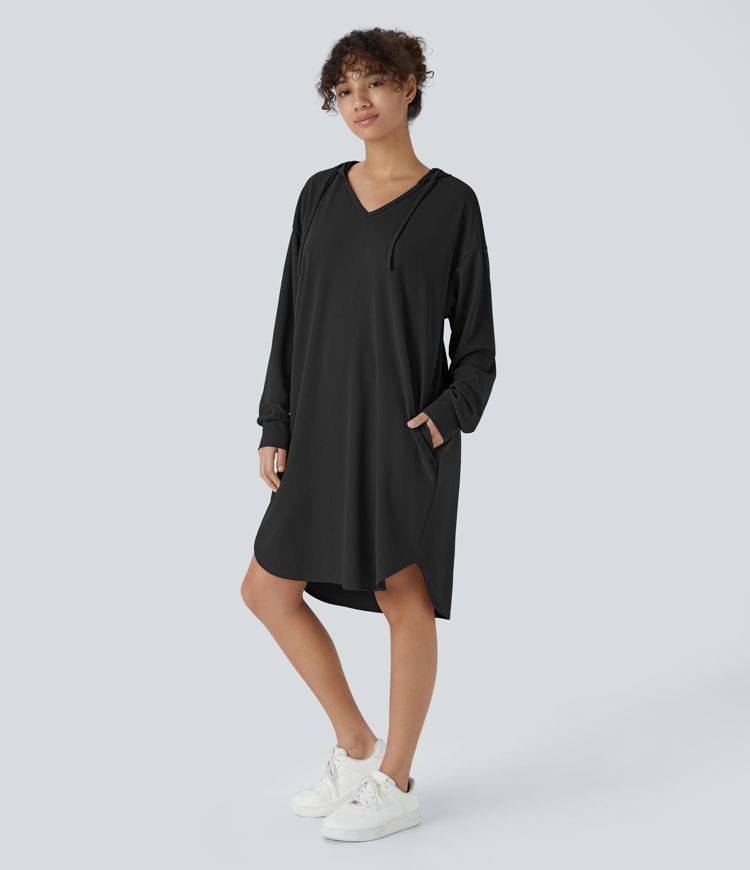 Vestido sudadera con capucha y cordón, manga larga, bolsillo, bajo curvo alto y bajo, talla grande, mini waffle casual