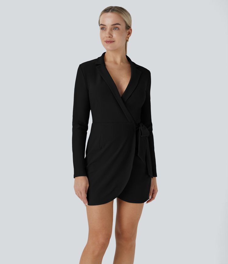 Mini-Twill-Arbeitskleid mit langen Ärmeln, Wickeldesign, abgerundetem Saum und Schlitz