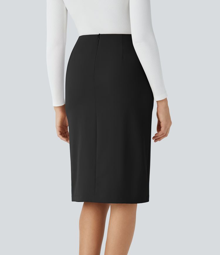 High Waisted Belted Side Pocket Invisible Zipper Split Midi Work Pencil Skirt