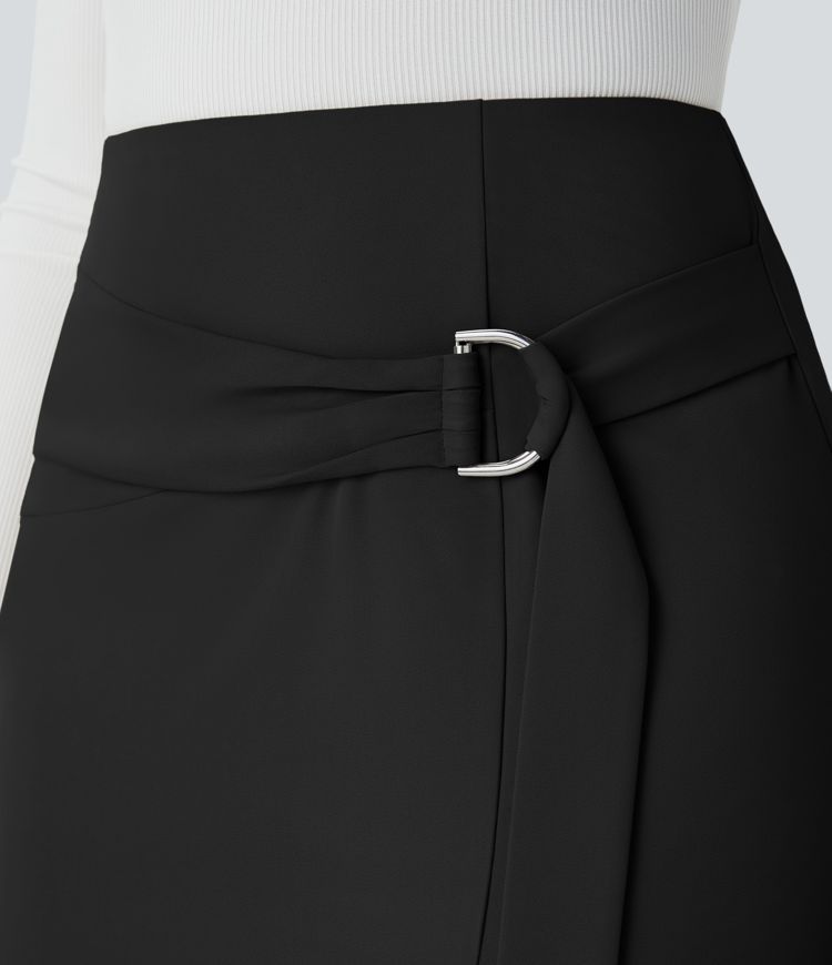 High Waisted Belted Pocket Midi Work Pencil Skirt
