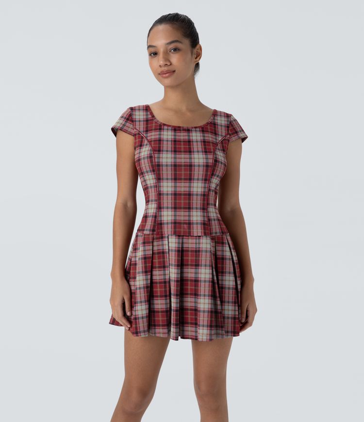 Backless Tie Back U Neck Plaid Pleated Hem Mini Casual Dress
