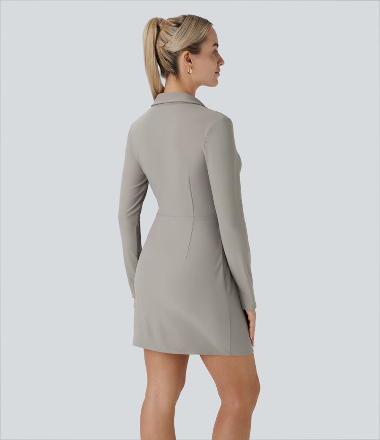 Lapel Long Sleeve Cuff Wrapped Tie Side Curved Hem Mini Twill Work Dress