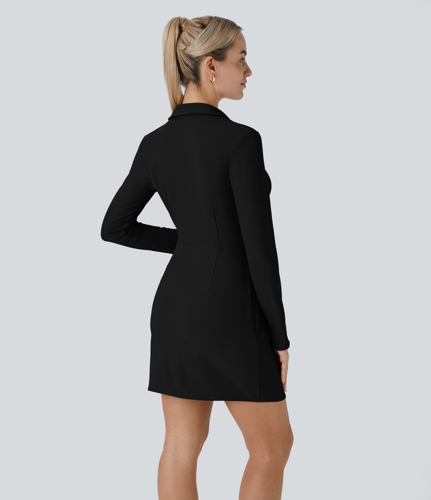 Mini-Twill-Arbeitskleid mit langen Ärmeln, Wickeldesign, abgerundetem Saum und Schlitz