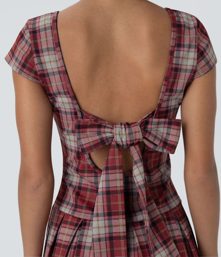 Backless Tie Back U Neck Plaid Pleated Hem Mini Casual Dress