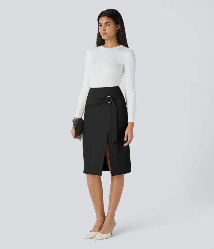 High Waisted Belted Pocket Midi Work Pencil Skirt