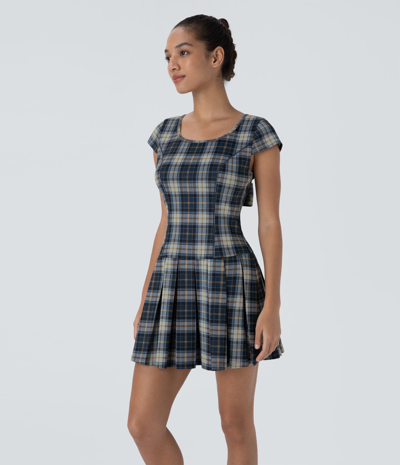 Backless Tie Back U Neck Plaid Pleated Hem Mini Casual Dress