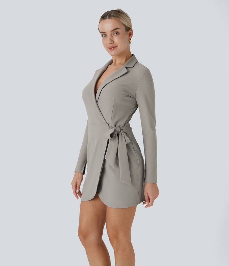 Lapel Long Sleeve Cuff Wrapped Tie Side Curved Hem Mini Twill Work Dress