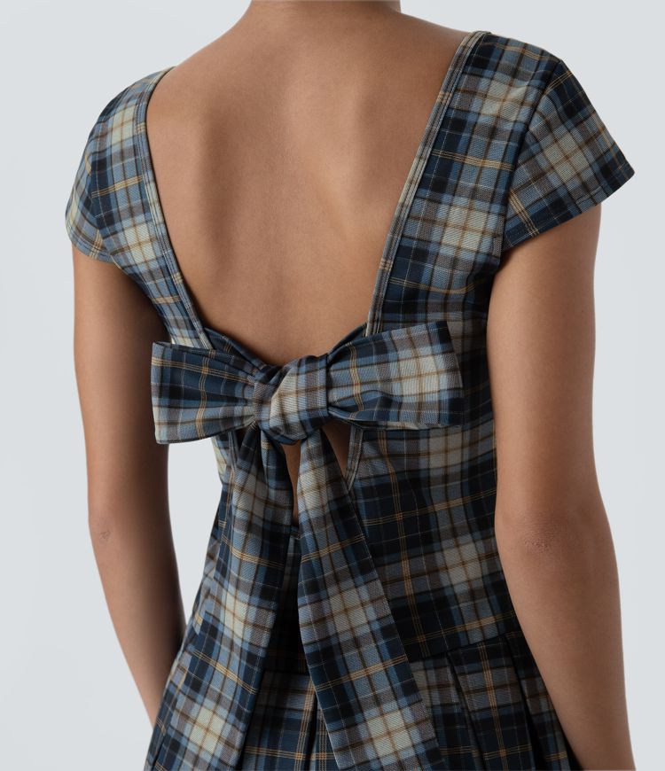 Backless Tie Back U Neck Plaid Pleated Hem Mini Casual Dress
