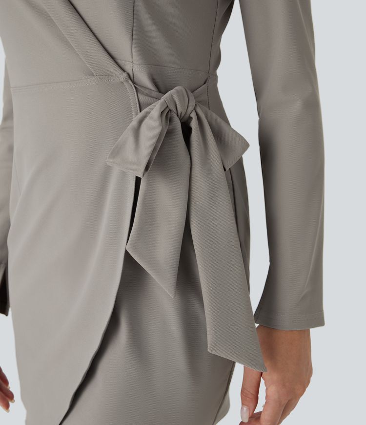 Lapel Long Sleeve Cuff Wrapped Tie Side Curved Hem Mini Twill Work Dress