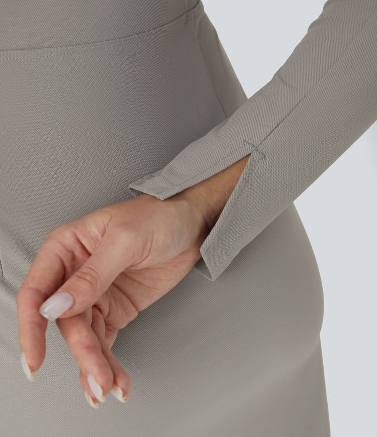 Lapel Long Sleeve Cuff Wrapped Tie Side Curved Hem Mini Twill Work Dress