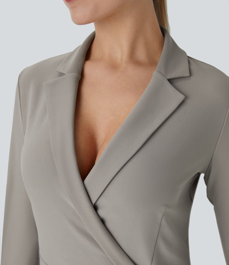 Lapel Long Sleeve Cuff Wrapped Tie Side Curved Hem Mini Twill Work Dress