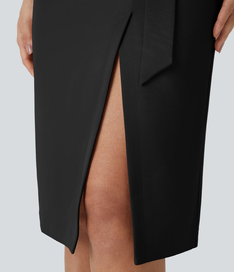 High Waisted Belted Pocket Midi Work Pencil Skirt