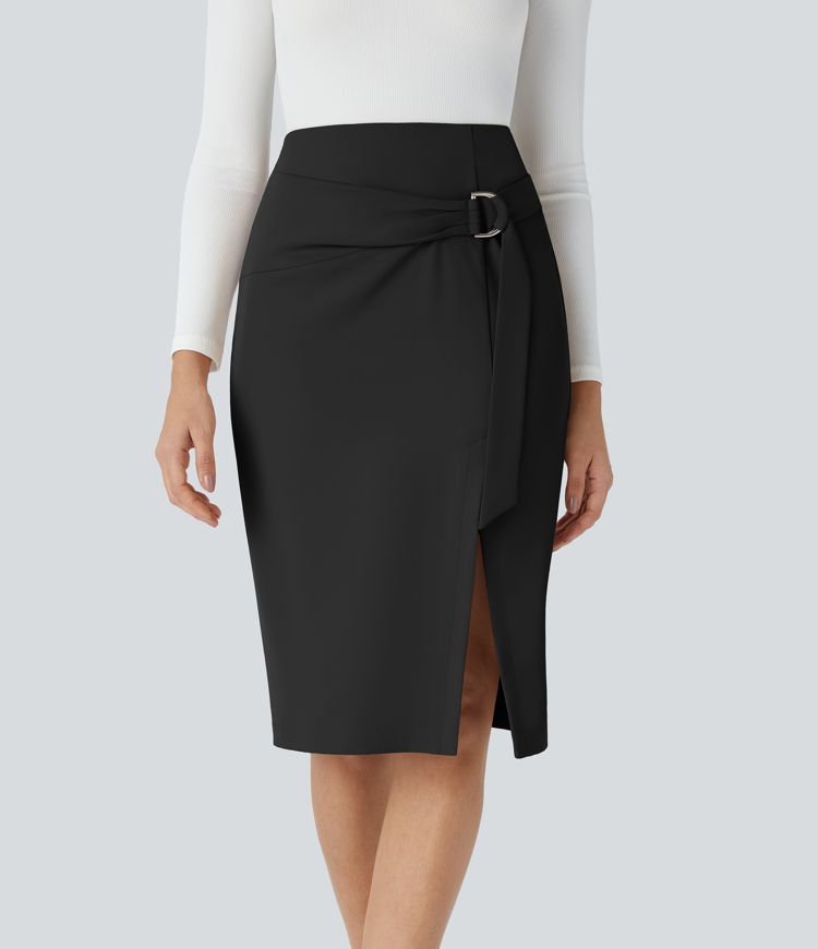 High Waisted Belted Side Pocket Invisible Zipper Split Midi Work Pencil Skirt