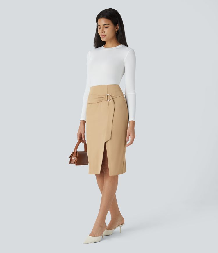 High Waisted Belted Pocket Midi Work Pencil Skirt
